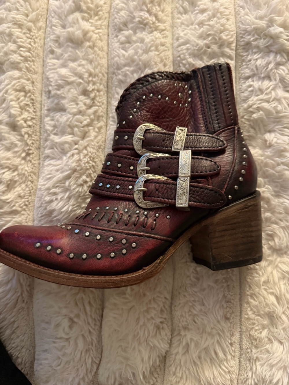 Freebird by Steven Burgundy Studded Triple-Buckle Leather Ankle Boot